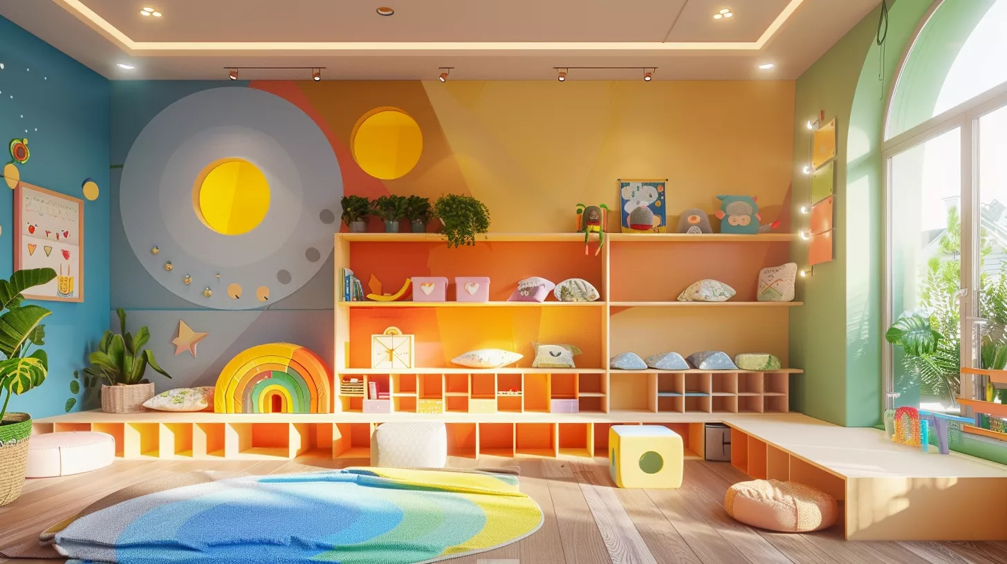 A cheerful interior design for a modern kindergarten with interactive colors that stimulate creativity and inspire childhood.